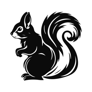 Şirin sincap çizimi, siyah beyaz hayvan logosu, orman yaratığı tasarımı, çizgi film karakteri, vahşi yaşam vektör sanatı.