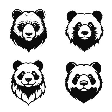 Panda başı illüstrasyon seti, sevimli hayvan yüzü vektörü, vahşi yaşam çizim sanatı, bambu orman sembolü, Asya doğa tasarımı