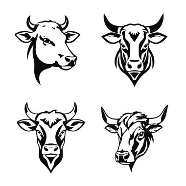 İnek kafası illüstrasyon seti, çiftlik hayvanı vektör sanatı, sığır yüzü tasarımı, antika hayvan çizimi, kırsal boğa başı sembolü.