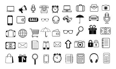 İş simgeleri seti, ofis işleri sembolleri, iletişim teknolojisi işaretleri, finans alışveriş unsurları, seyahat yaşam tarzı vektör koleksiyonu