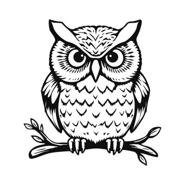 Baykuş silueti tünemiş, vahşi gece kuşu avcısı, bilgelik sembolü çizimi, görkemli tüy detay tasarımı, güçlü yırtıcı hayvan portresi