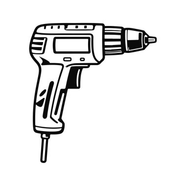 Elektrikli matkap silueti çizimi, elektrikli alet tasarımı, inşaat malzemeleri sembolü, el bilgisayarı detayı, DIY tamir donanımı çizimi