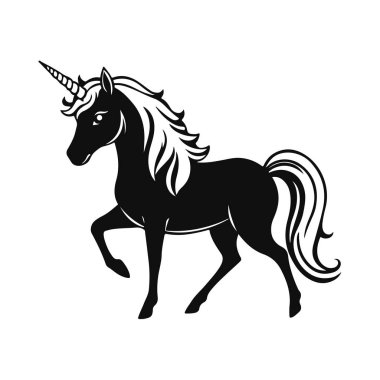 Tek boynuzlu at silueti çizimi, sihirli fantezi at tasarımı, mistik yaratık çizimi, peri masalı midillisi sembolü, çocuk karakteri çizimi.