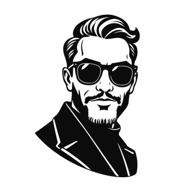 Erkek portresi, şık erkek karakter, havalı erkek tasarımı, yenilikçi moda sanat eseri, güneş gözlüklü modern saç stili sembolü.
