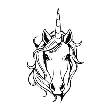 Tek boynuzlu at resmi, sihirli fantezi hayvan portresi, peri masalı at tasarımı, sevimli mitolojik yaratık çizimi, çocuk karakteri sembolü.