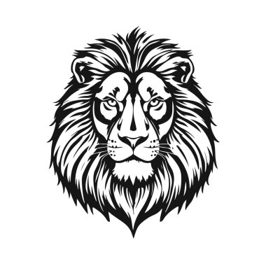Aslan başı çizimi, vahşi hayvan portresi, görkemli yırtıcı tasarımı, güçlü canavar çizimi, orman sembolü çizimi.