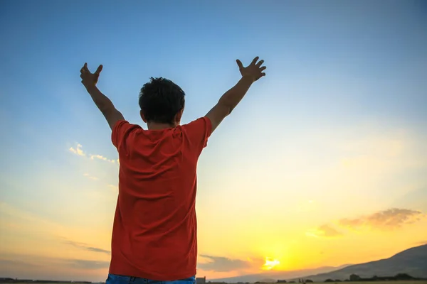 Little Boy Raising Hands Sunrise Sky Beautiful Landscape — Stock Photo, Image