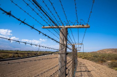 Mavi bulutlu arkaplanda dikenli tel örgü. 