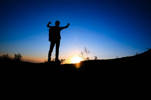 Tourist Backpack Standing Raised Hands Hiking — Stock Photo, Image