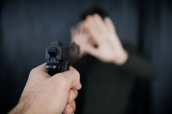 Close Male Hands Gun Shooting — Stock Photo, Image