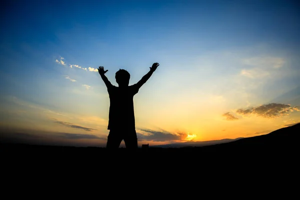 Boy Hands Silhouette Colorful Sunset Dramatic Sky — Stock Photo, Image