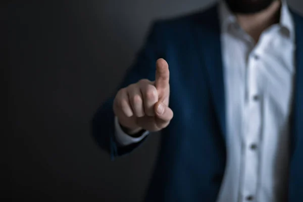 Man Touching Screen Dark Backgroun — Stock Photo, Image