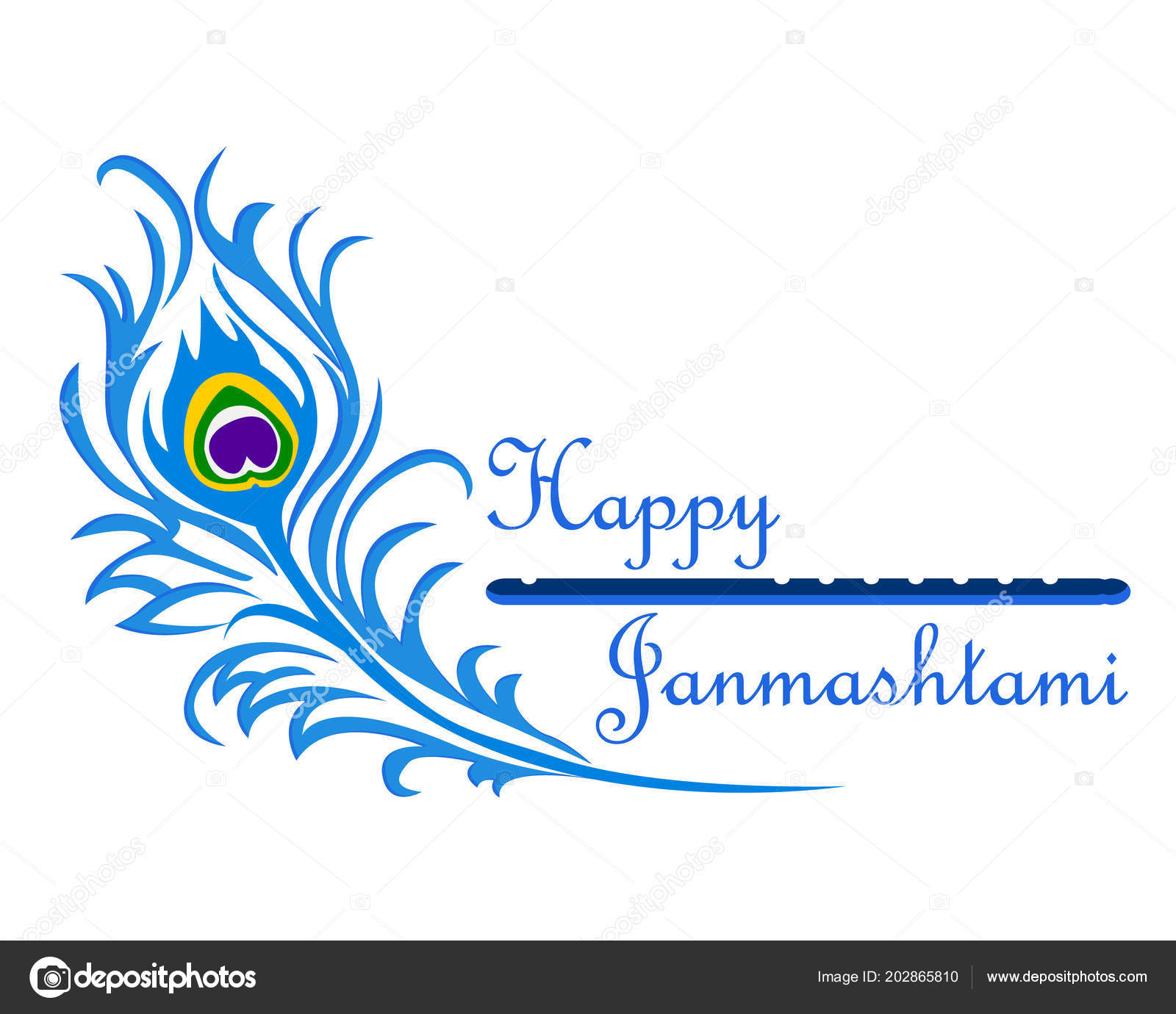the inscription happy janmashtami with peacock feather and flute