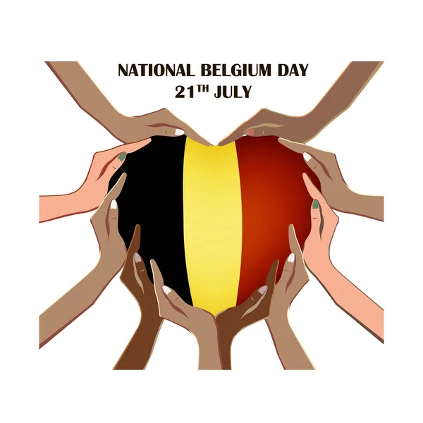 Día Nayional de Bélgica, ilustración con las manos en la forma del corazón, dentro de la bandera nacional — Vector de stock