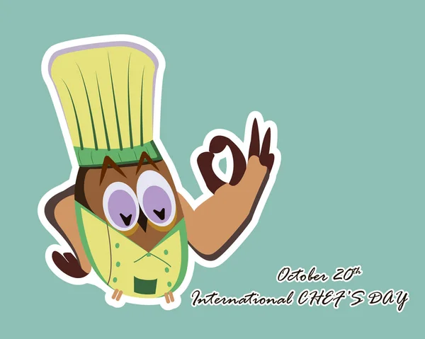 Tarjeta de felicitación internacional del día del chef. Vector divertido de dibujos animados chef búho con sombrero sobre fondo azul . — Vector de stock