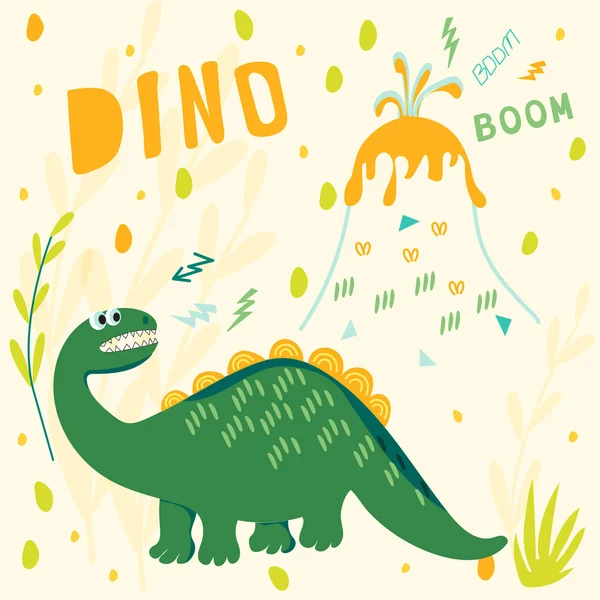 Dinosaure Effrayé Regarde Volcan Éclater Illustrations Vectorielles Avec Texte Pour — Image vectorielle