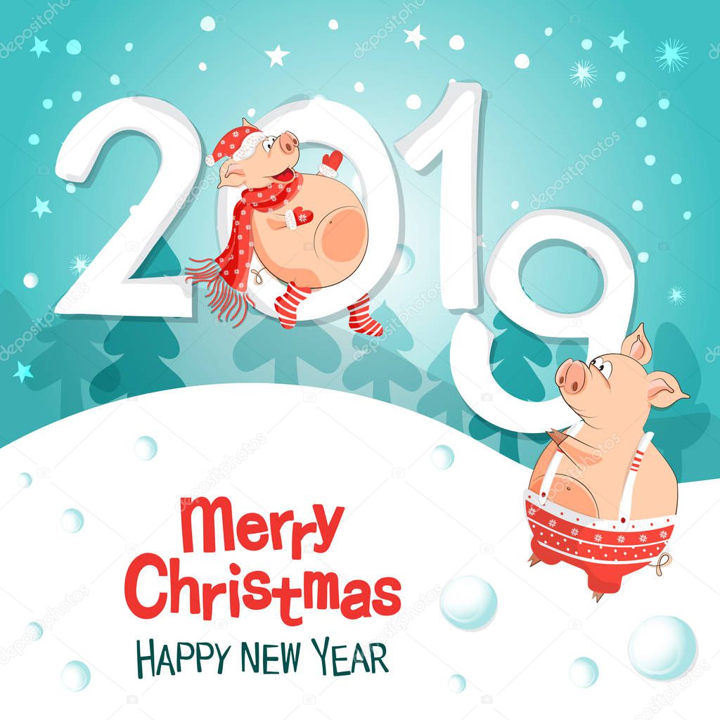 Vector illustration of happy new year! Pigs-a symbol of the Chinese new 2019. For posters, banners, postcards, sales and other winter events. Style of comics, cartoons. Christmas card