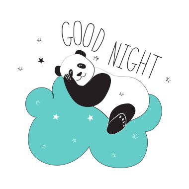 Panda bir bulutun üzerinde uyuyor. İyi geceler tipografik sloganı. Vektör çizim