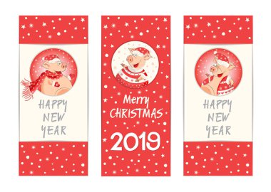 Vektör çizim ile mutlu yeni yıl! Domuz-a yeni 2019 Çince sembolü. Poster, afiş, kartpostallar, satış ve diğer kış etkinlikleri için. Çizgi roman, çizgi film tarzı. Noel kartı, afiş