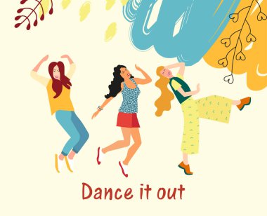 Kızlar için dans. Genç kızlar dans ve müzik bir parti, Festivali veya karnaval gider. Neşeli duygular. Vektör çizim