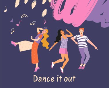Dancing young people at a party, men and women moving to the music. Joyful emotions. Vector illustration clipart