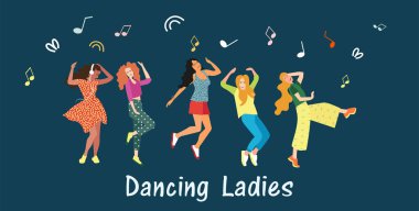 Kızlar için dans. Kadınlar dans ve müzik bir gece parti, Festivali veya karnaval gider. Neşeli duygular. Vektör çizim