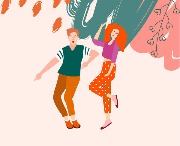 Dancing young people. A man and a woman dance and move to the music at a party, festival or carnival. Joyful emotions. Vector illustration