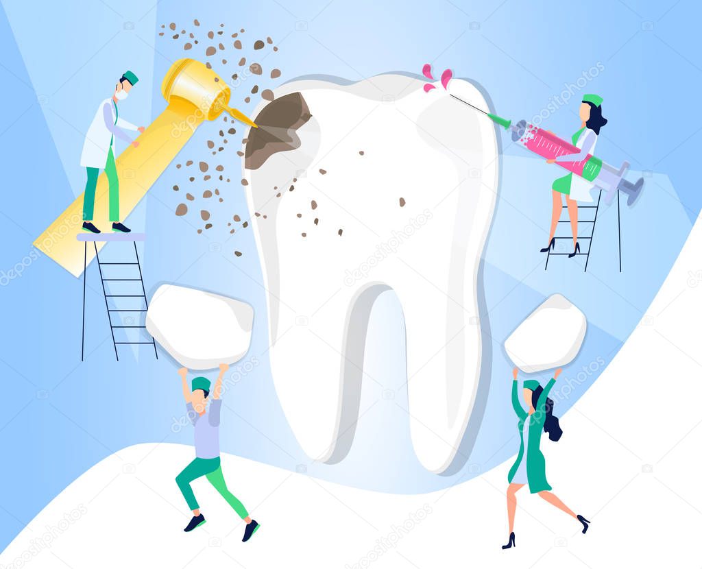 Dental caries. Treatment and care for toothache. Medical direction dentistry. Enamel disorder, tooth infection. For dentist vector illustration