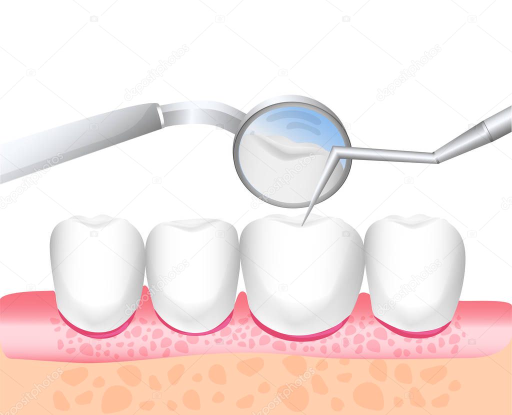 Medical examination of teeth. Dentistry. Direction dentistry. White enamel and healthy human teeth. Dental instruments. Vector illustration