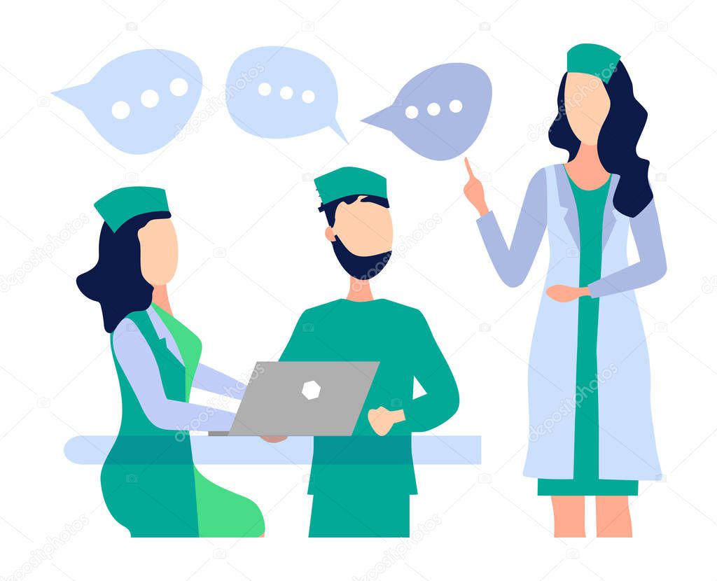 Health care concept. Meeting, a Council of doctors, discuss the diagnosis, develop a method of treatment. Doctors colleagues. Vector illustration