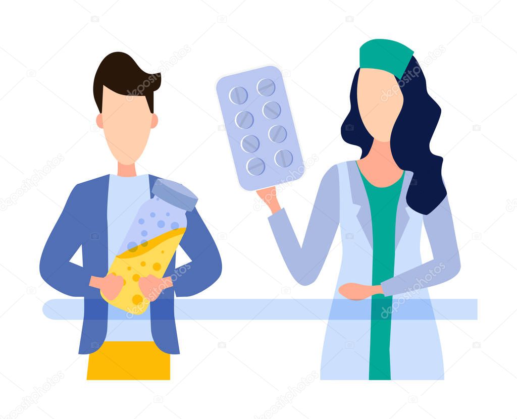 The doctor determined the diagnosis and prescribes treatment and medications to the patient. Health care concept. Doctor's advice. Vector illustration