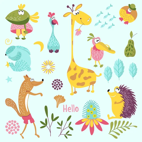 Set of forest animals. Sly Fox, hedgehog, Mr. bird, Pelican, rabbit, crow, giraffe, flower. Suitable for children's room decoration, book, cloth, postcard — Stock Image Set Forest Animals Sly Fox Hedgehog Bird Pelican Rabbit Crow Stock Photo
