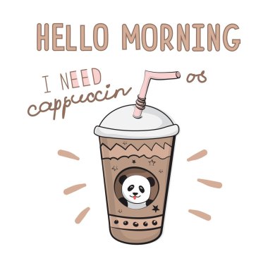 Bir bardak kahve ve sloganı Merhaba sabah vektör Illustration. Yama, poster, günlük, defter, smartphone ya da Tekstil için serin etiket. Parmak izi özgün komik çizimler