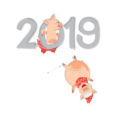 Domuz oynamak, atlamak ve eğlenin. Domuz Çince 2019 bir sembolüdür. Noel kartı veya afiş. Sarı domuz yılı vektör çizim