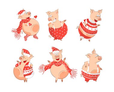 Sevimli domuz kümesi. Çinliler yeni 2019 sembolü. Vektör çizim. Öğeler için Dizayn postkartlar, çocuk kitapları