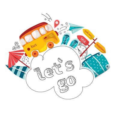 Bir çizgi roman yolculuk vektör Illustration. Yaz tatil, macera ya da iş gezisi. Nesneleri seyahat ve yolcu Bagaj reklam, Web sitesi, afiş için