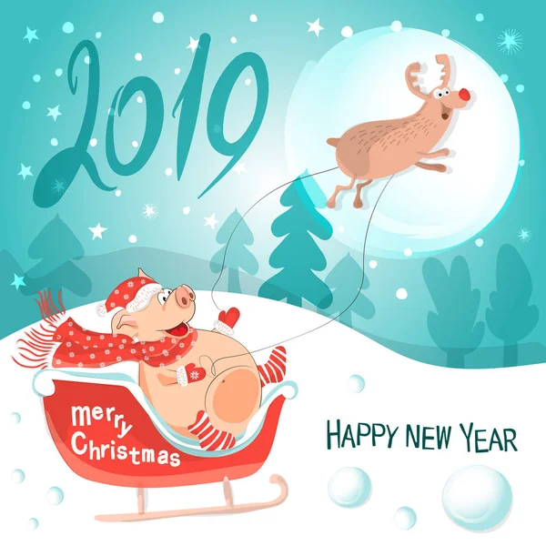 Vector Illustration Happy New Year Pigs Symbol Chinese New 2019 — Stock Vector