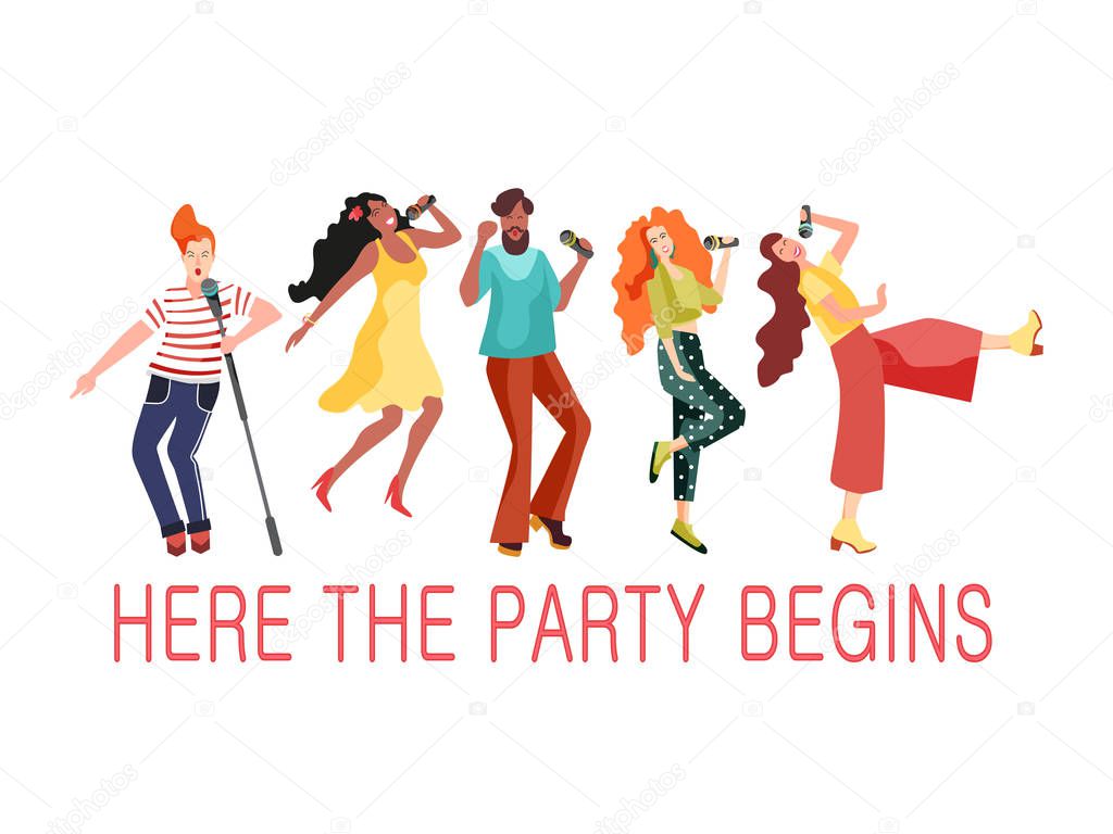 Young girls and men dudes dancing at a retro party to the music. Vector illustration in the style of 70-80 years