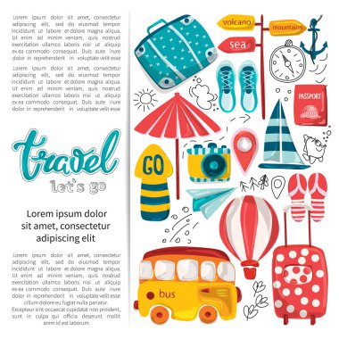 Bir çizgi roman yolculuk vektör Illustration. Turizm reklam afiş, poster, afiş için şablon. Yaz tatil, macera ya da iş gezisi. Nesneleri Turizm ve yolcu Bagaj reklam, Web sitesi, afiş için