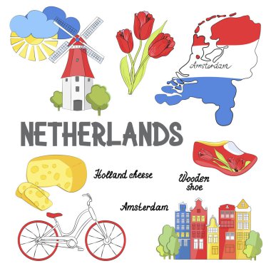 Holland seyahat. Kültür ve gezi sembolleri. Poster laleler, Hollanda peynir, Bisiklet, tahta takunya ve yel değirmenleri ile. Vektör çizim.