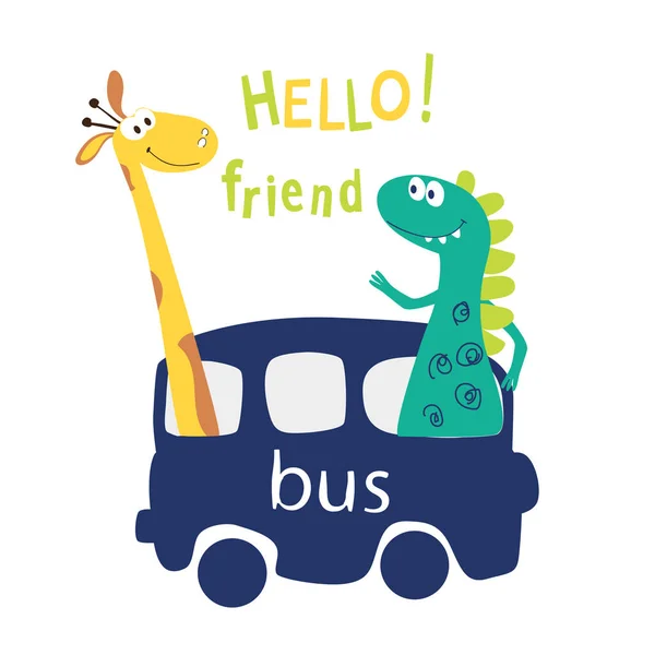 Dinosaurie Och Giraff Rida Bussen Och Glädjas Modern Positiv Fras — Stock vektor
