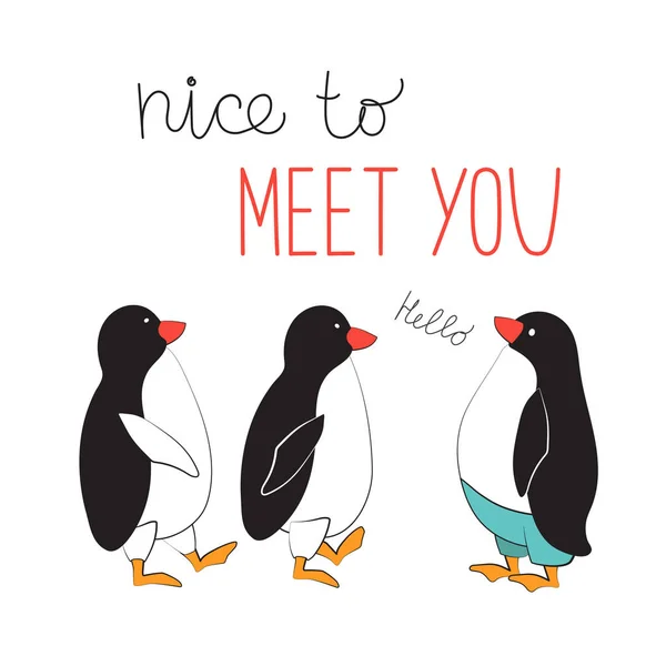 Pinguini Incontrano Slogan Tipografico Piacere Conoscerti Illustrazione Vettoriale — Vettoriale Stock