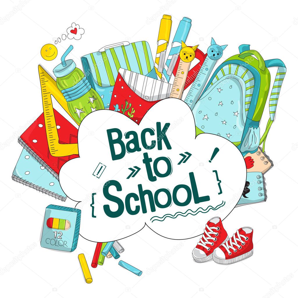 Vettoriale stockTorna Illustrazione Vettoriale Scuola Sfondo Bianco Materiale  Scolastico Ufficio Modello di ©Irina_illustrator #232346180, image size:1024x1024