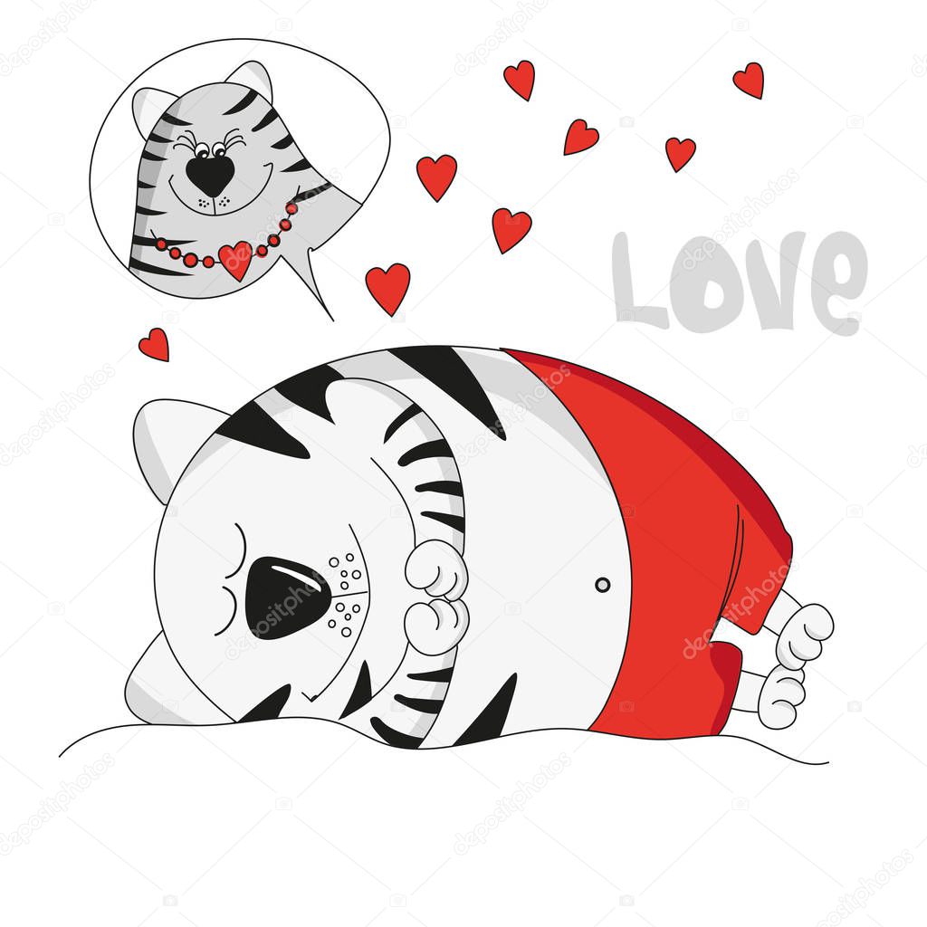 Vector illustration of a cute cat in love. Spring holiday Valentine's day.  Suitable for postcards, mugs, t-shirts. Comic book style, holiday style