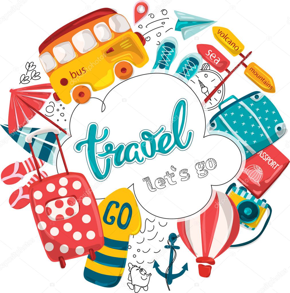 Vector illustration of a comic book journey. Planning a summer vacation, adventure or business trip. Objects of travel and passenger baggage for advertising, website, banner