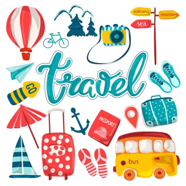Bir dizi elemanlarının seyahat, yaz tatili, macera ya da iş gezisi. Çizilmiş karikatür simgeleri, turizm nesneler ve yolcu bagaj. Vektör çizim