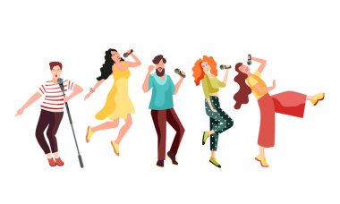 Şarkı ve mikrofonlar gençlerle dans. Kızlar ve çocuklar Karaoke'de iyi eğlenceler. Vektör çizim