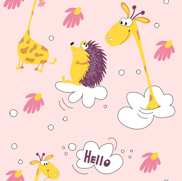 Seamless Pattern Funny Yellow Giraffe Kind Hedgehog Flying Clouds Giraffe — Stock Vector