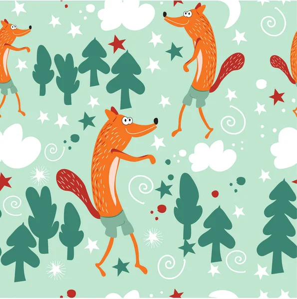 Seamless pattern baby fashion. Red foxes walk in the fairy forest and forest glade. Background for a child's room, books, fabrics, greeting cards, children's clothing