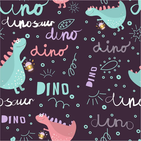 Sorunsuz dinozor desen. Dinozorlar yürüyüş tadını çıkarın. Arka plan doku Doodle tarzı yazı tipleri ve yazı için çocuk moda ile. Vektör çizim